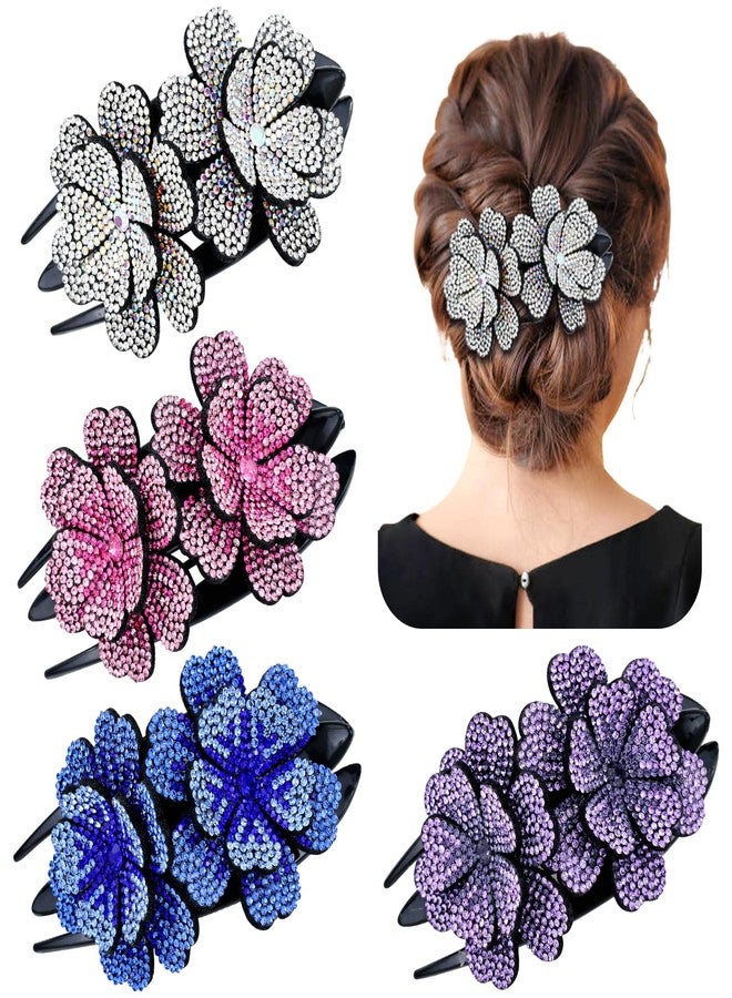 Dizila 4 Pieces Fancy Sparkly Rhinestone Double Flower Hair Clips Barrettes with Three Prongs Prom Party Wedding Hair Accessories for Women Girls Thick Hair - Image 1
